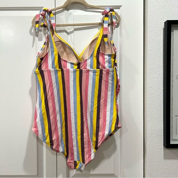 NWT Isabel Maternity 1-Piece Bathing Suit Stripes Pink Multi Shoulder Ties XXL - Picture 2 of 10